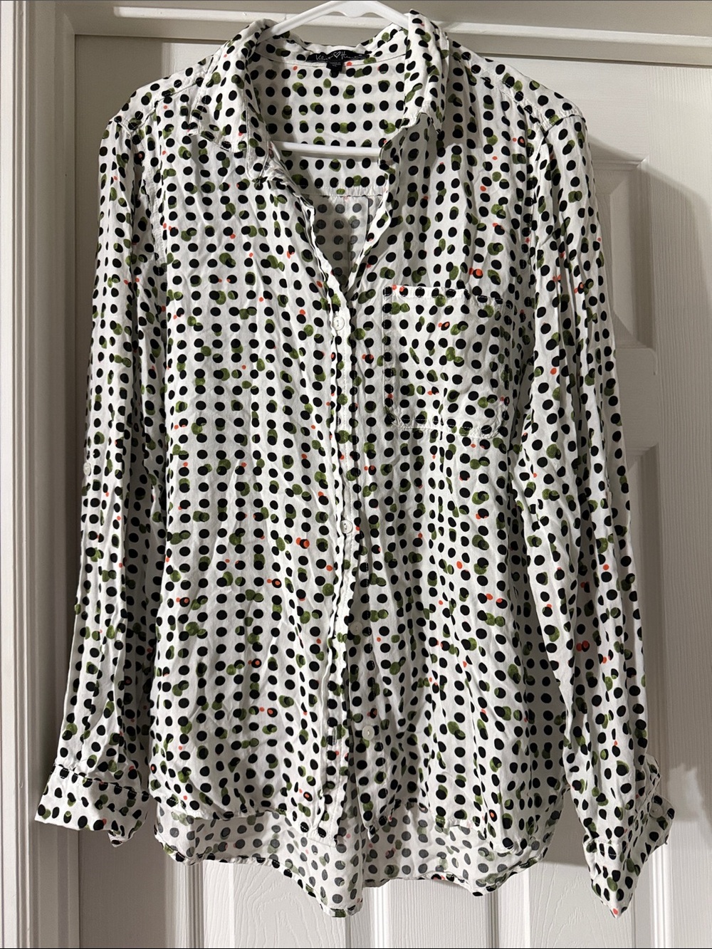 Velvet Heart White Button-Down Shirt with Black, Green & Red Polka Dots